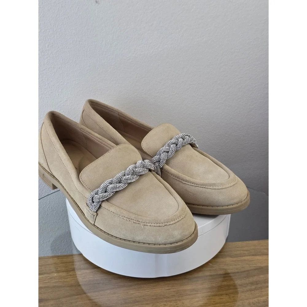 Gianni Bini Tan Suede Rhinestone Braided Chain Loafers 7M Beige Leather Slip On